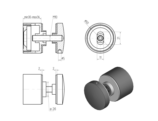 Glassadapter ø50/30mm, avstandsjusterbar, AISI 304, SATIN - Bilde 4