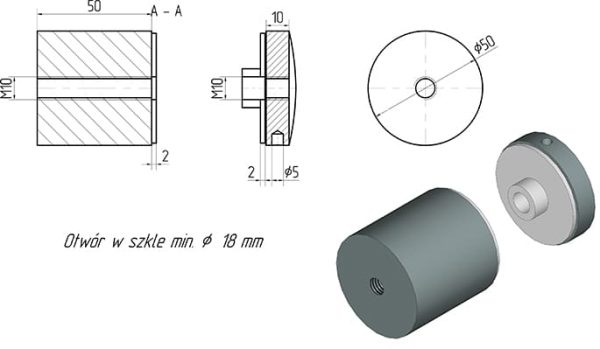 Glassadapter ø50mm, dis. 50mm, gjenget, AISI 304, SATIN - Bilde 4