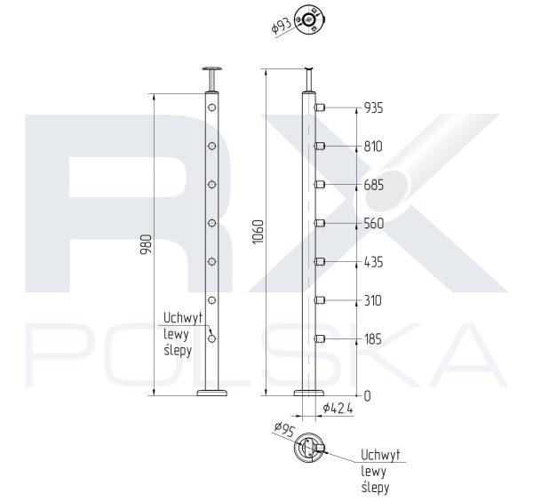 Stolpe VENSTRE 42,4mm med 7 tverrstangholdere for rør 12mm, AISI 304, SPEIL - Bilde 2