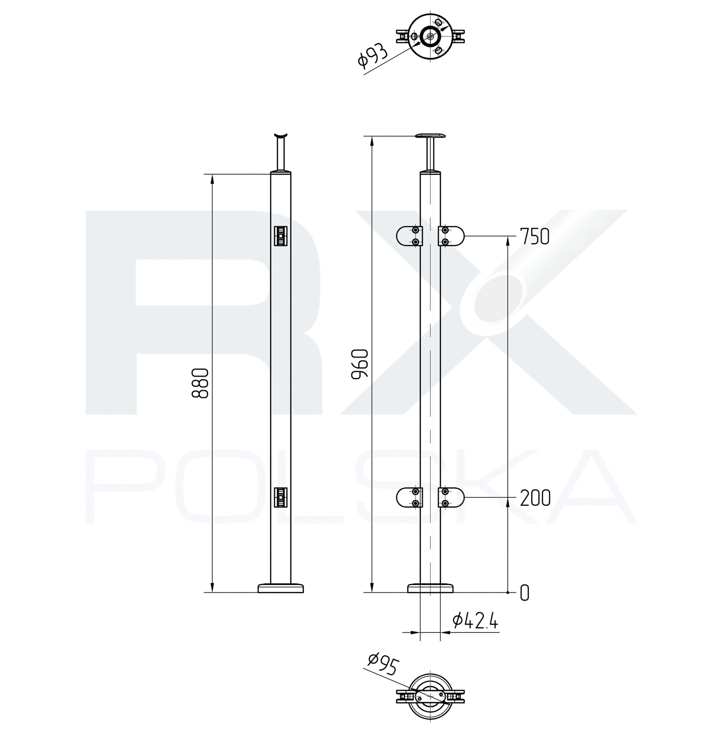 Stolpe Ø 42,4mm TILKOBLING, AISI 304, SPEIL - Bilde 2