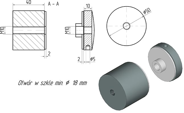 Glassadapter ø50mm, dis. 40mm, med regulering, AISI 304, RAL 9005 matte - Bilde 2