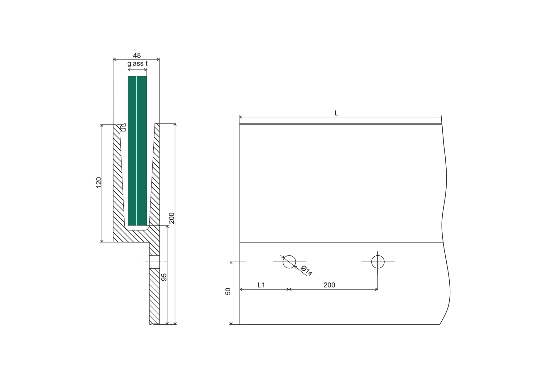 Aluminiumsprofil for glass, sidefeste (Y) / 2,5m - Bilde 3