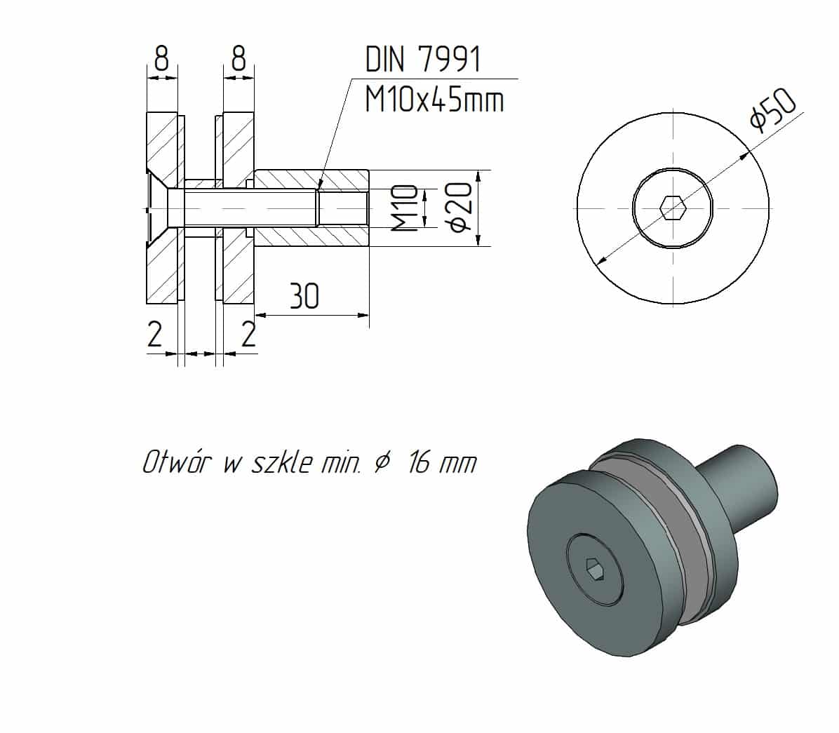 Glassadapter Ø50mm, for flat, med hylse, AISI 304, SZLIF - Bilde 2