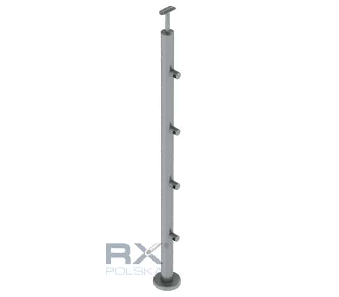 Stolpe 42,4mm med 4 tverrstangholdere for rør 12mm, AISI 316, SATIN