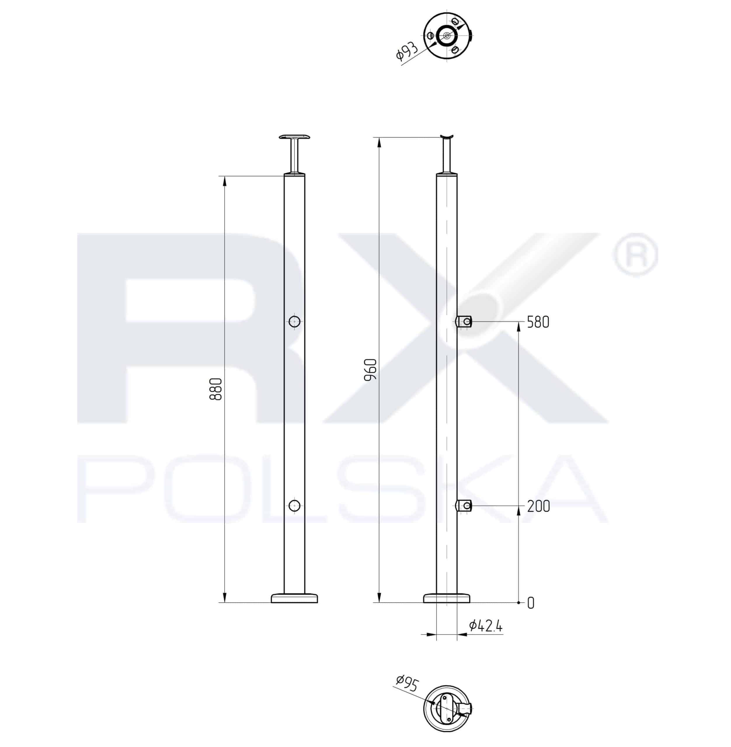 Stolpe 42,4mm med 2 tverrstangholdere for rør 16mm, AISI 316, SATIN - Bilde 2