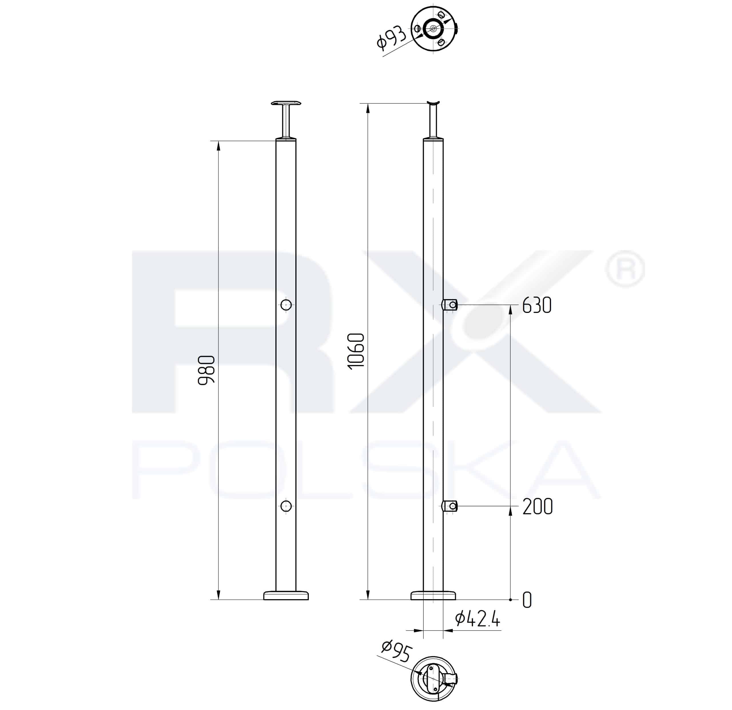 Stolpe 42,4mm med 2 tverrstangholdere for rør 16mm, AISI 316, SATIN - Bilde 3