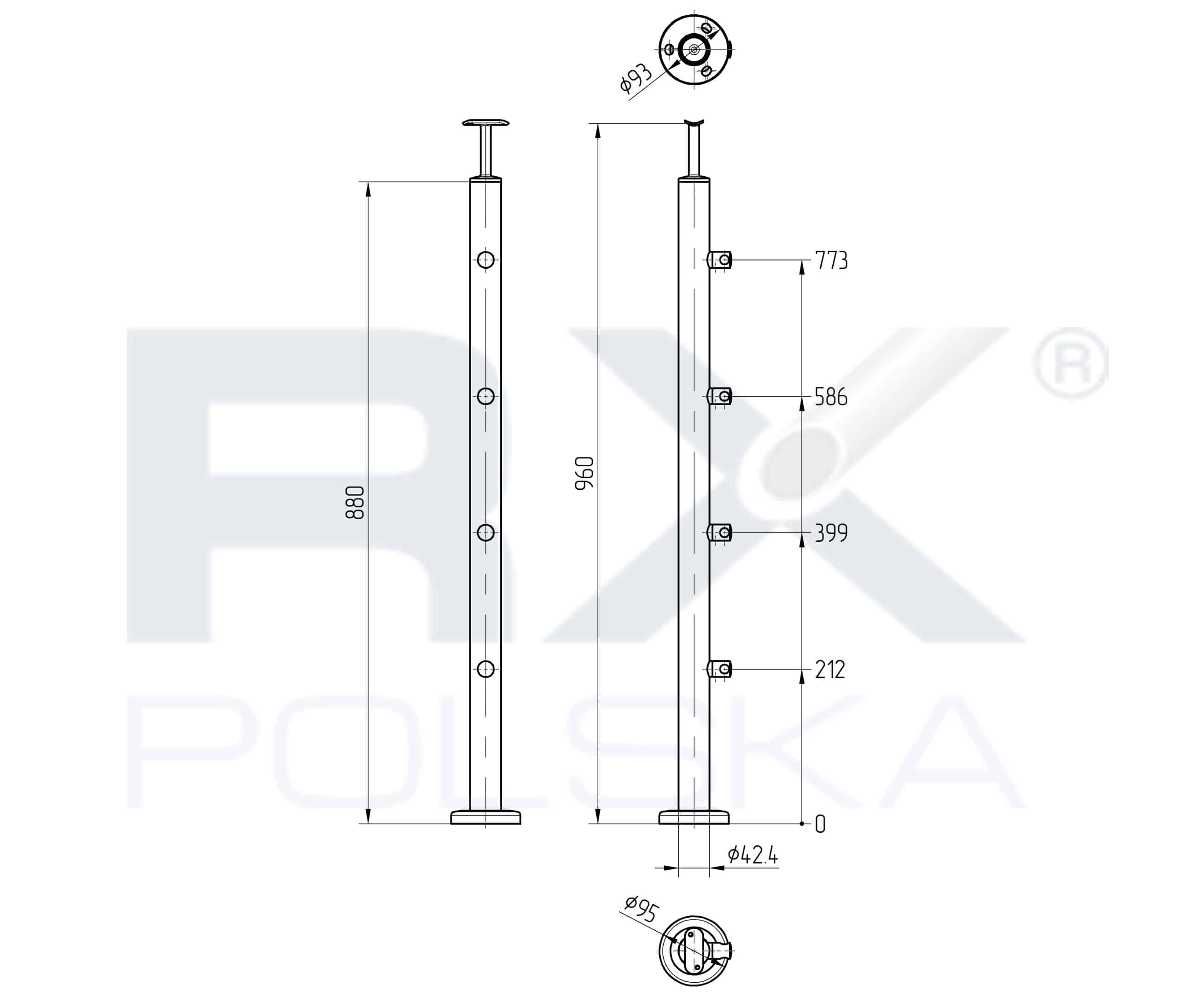 Stolpe 42,4mm med 4 tverrstangholdere for rør 12mm, AISI 316, SATIN - Bilde 2