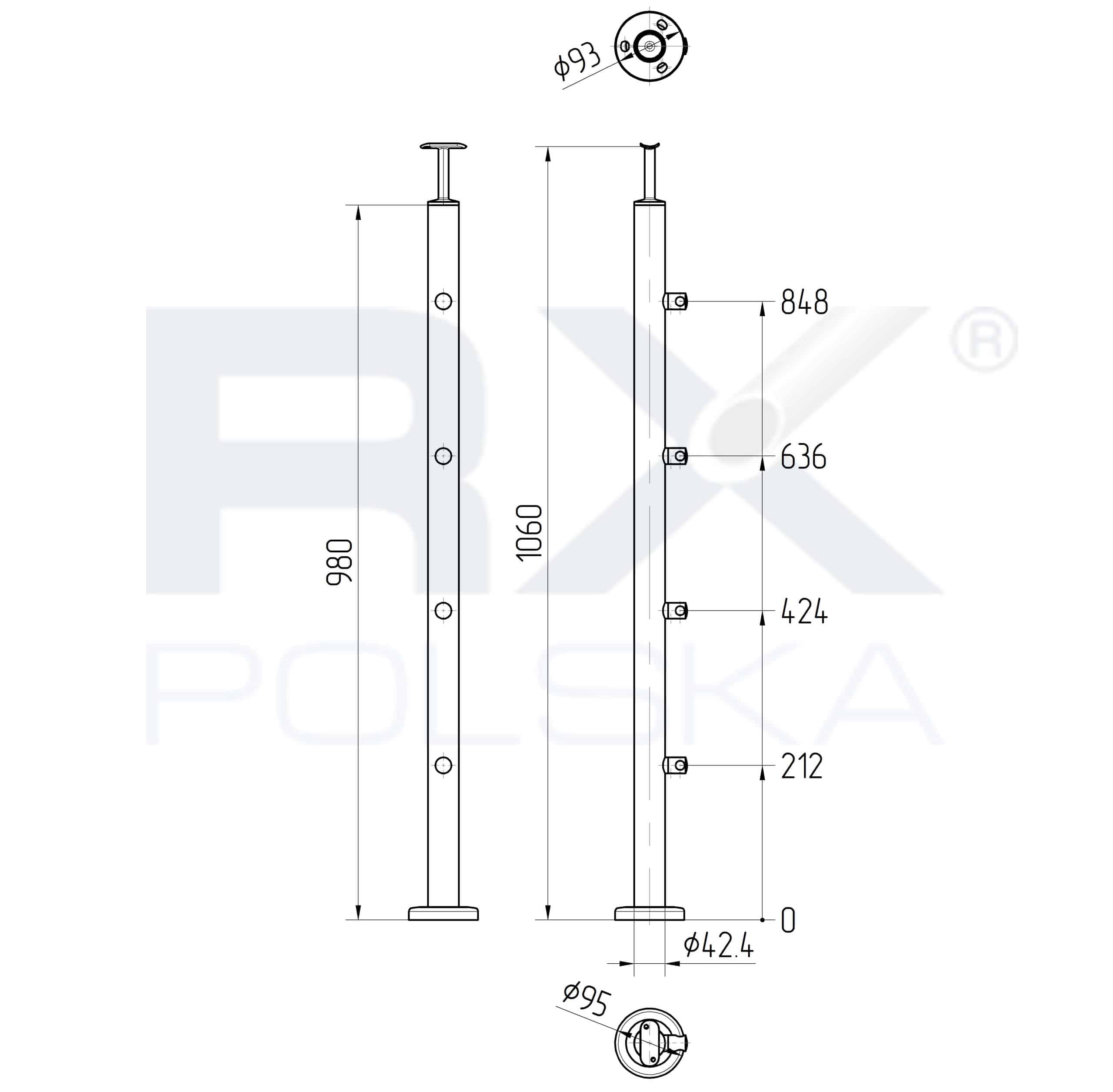 Stolpe 42,4mm med 4 tverrstangholdere for rør 12mm, AISI 316, SATIN - Bilde 3