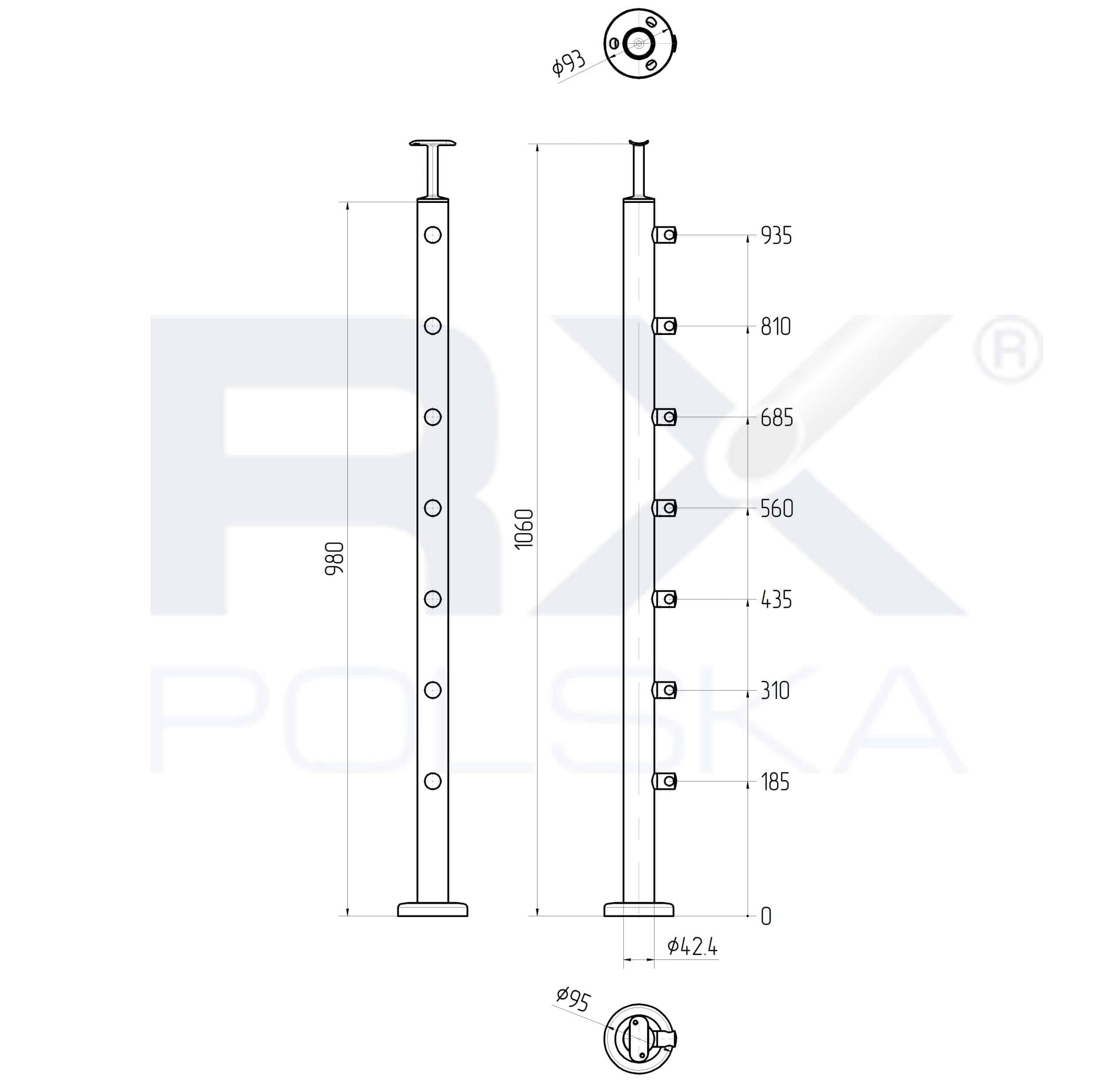 Stolpe 42,4mm med 7 tverrstangholdere for rør 12mm, AISI 316, SATIN - Bilde 2
