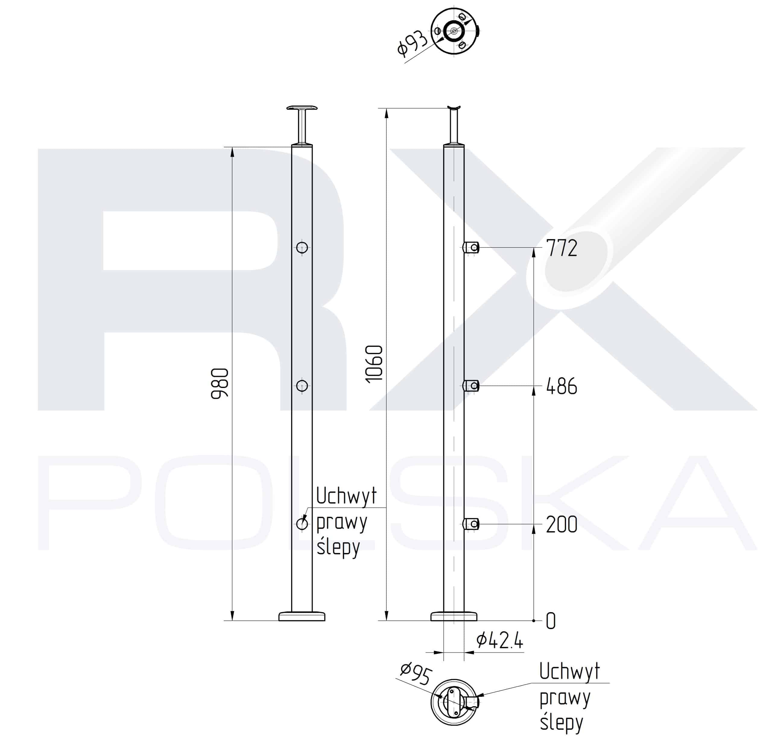 Stolpe RIGHTG 42,4mm med 3 tverrstangholdere for rør 16mm, AISI 304, SATIN - Bilde 3