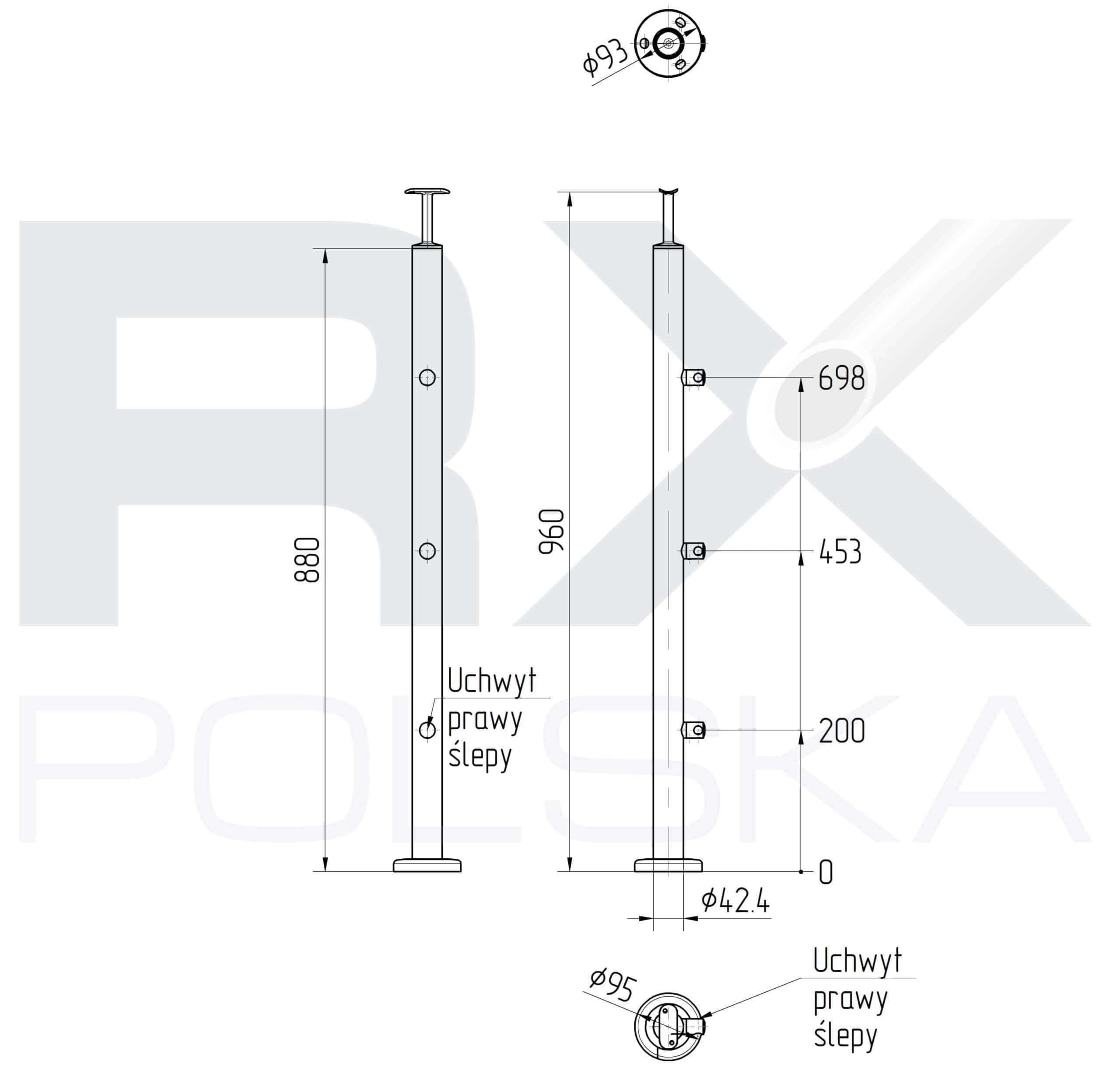 Stolpe RIGHTG 42,4mm med 3 tverrstangholdere for rør 16mm, AISI 304, SATIN - Bilde 2