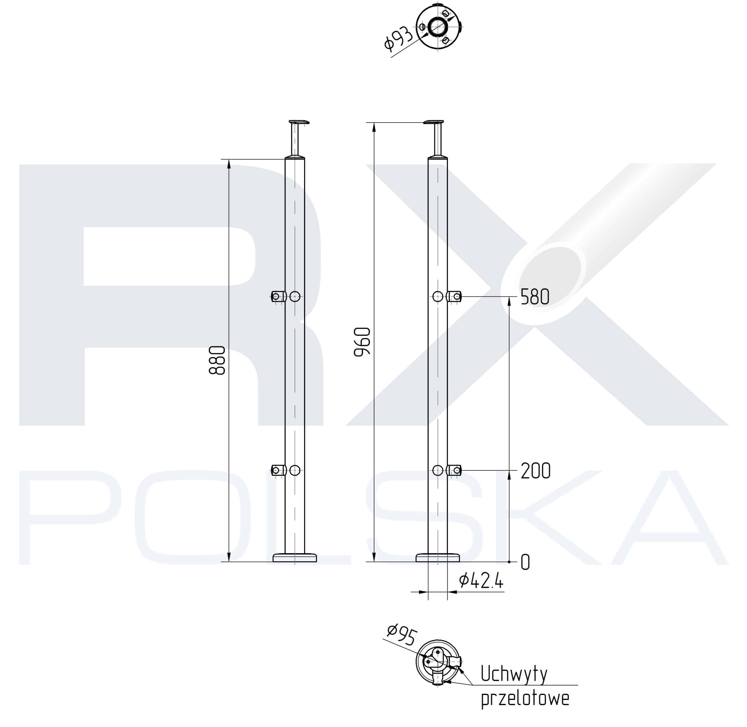 Stolpe 42,4mm med 2 tverrstangholdere hjørne for rør 12mm, AISI 316, SATIN - Bilde 2