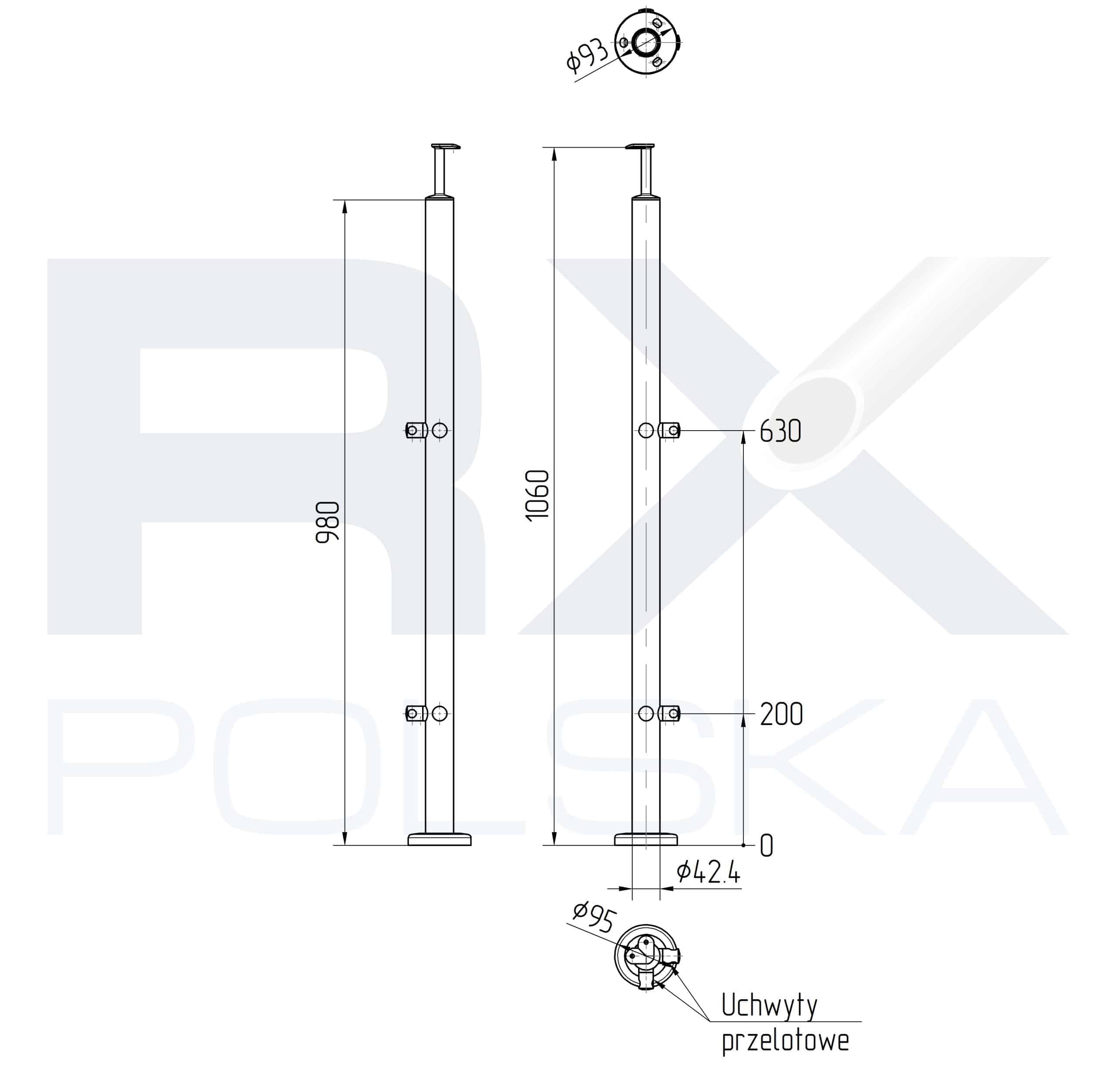 Stolpe 42,4mm med 2 tverrstangholdere hjørne for rør 12mm, AISI 316, SATIN - Bilde 3