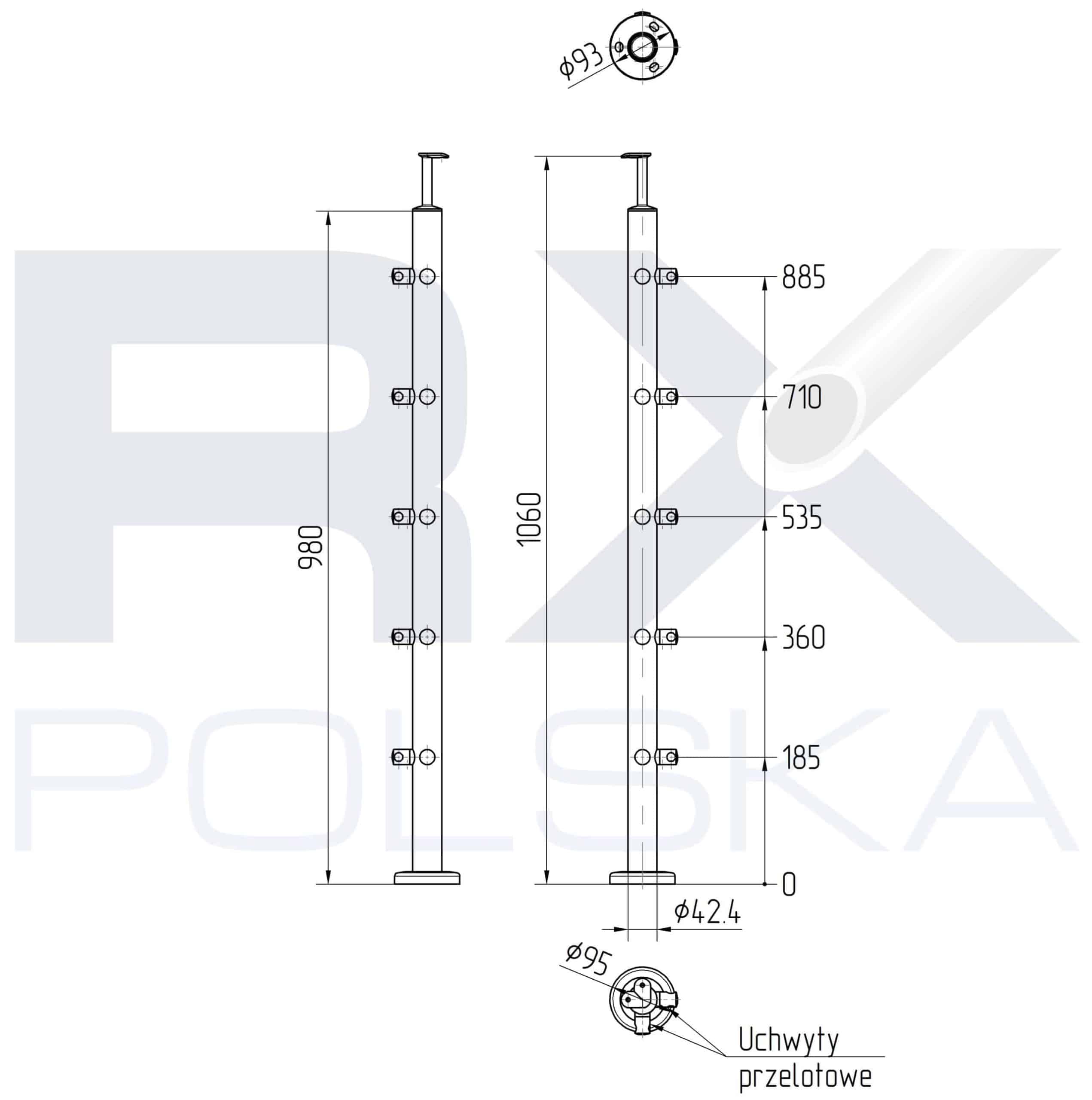Stolpe 42,4 mm hjørne med 5 tverrstangholdere for rør 16 mm, AISI 316, SATIN - Bilde 2