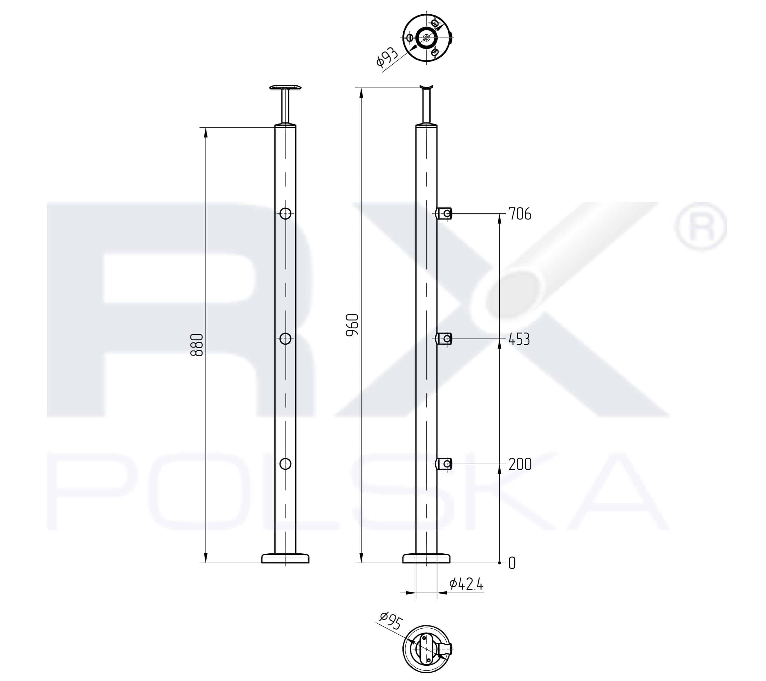 Stolpe 42,4mm med 3 tverrstangholdere for rør 16mm, AISI 304, SPEIL - Bilde 2