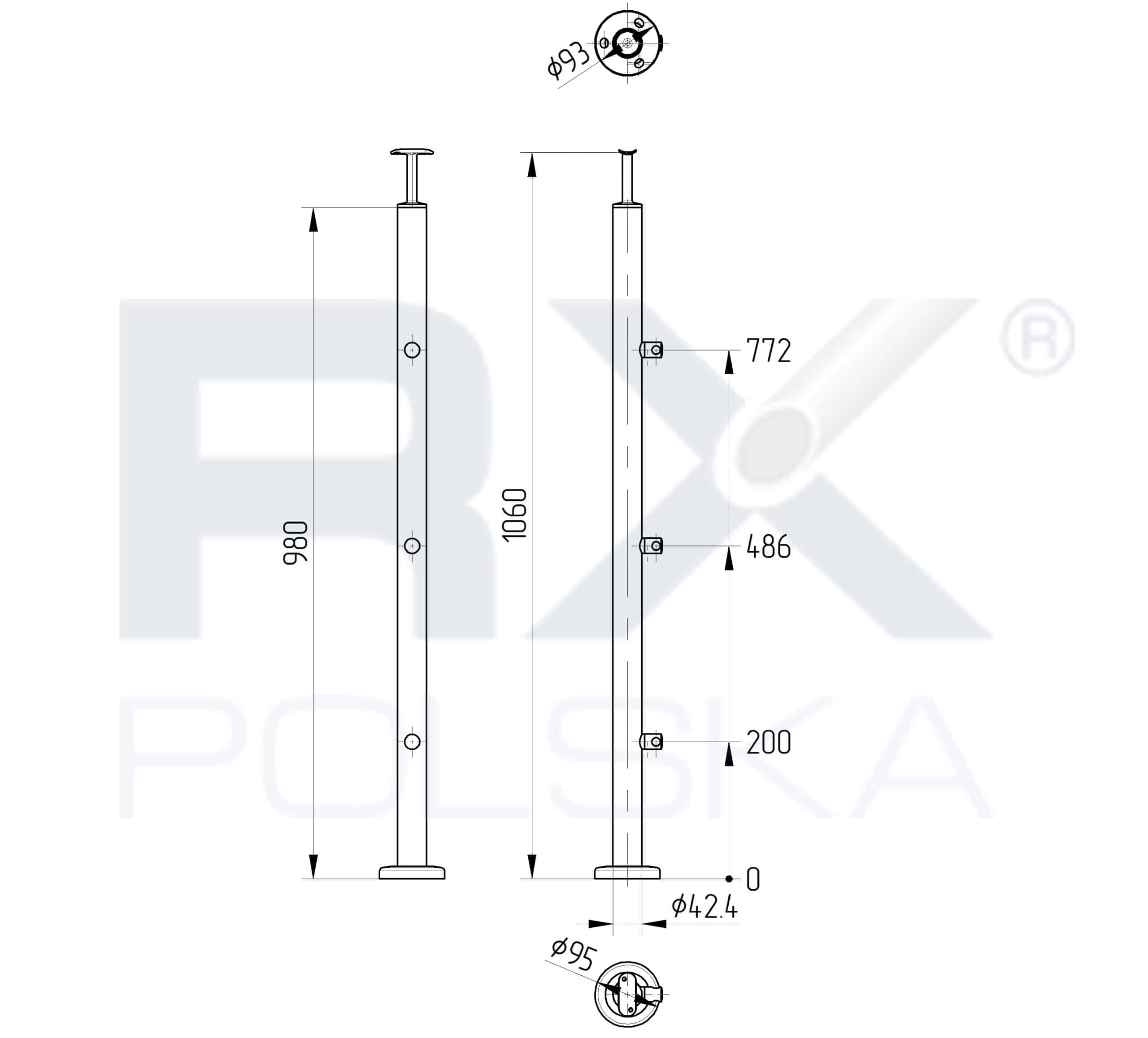 Stolpe 42,4mm med 3 tverrstangholdere for rør 16mm, AISI 304, SPEIL - Bilde 3