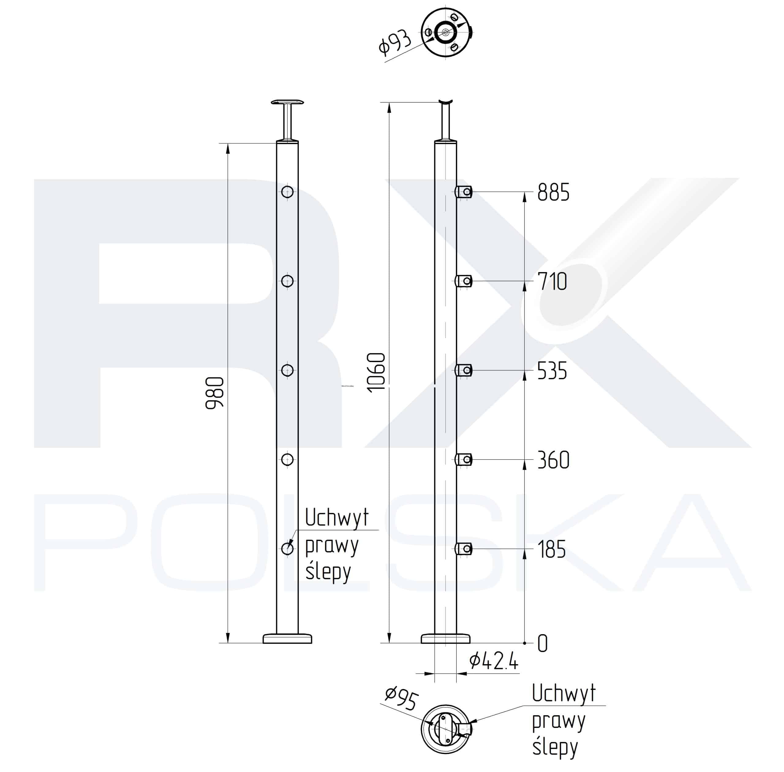 Stolpe RIGHT 42,4mm med 5 tverrstangholdere for rør 12mm, AISI 304, SPEIL - Bilde 2