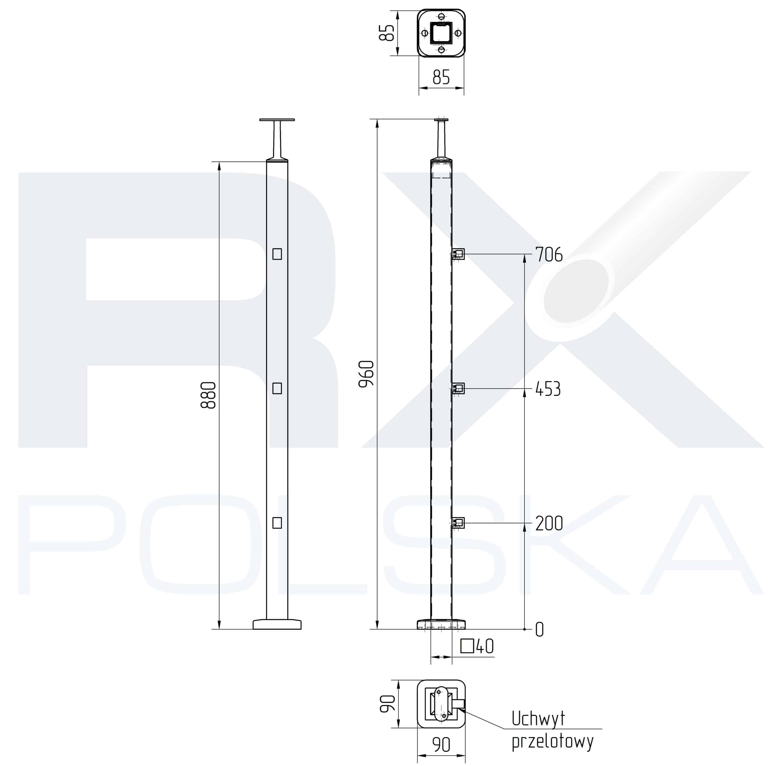 Stolpe 40x40mm z 3 tverrstangholdere for profil 10mm, AISI 304, SATIN - Bilde 2