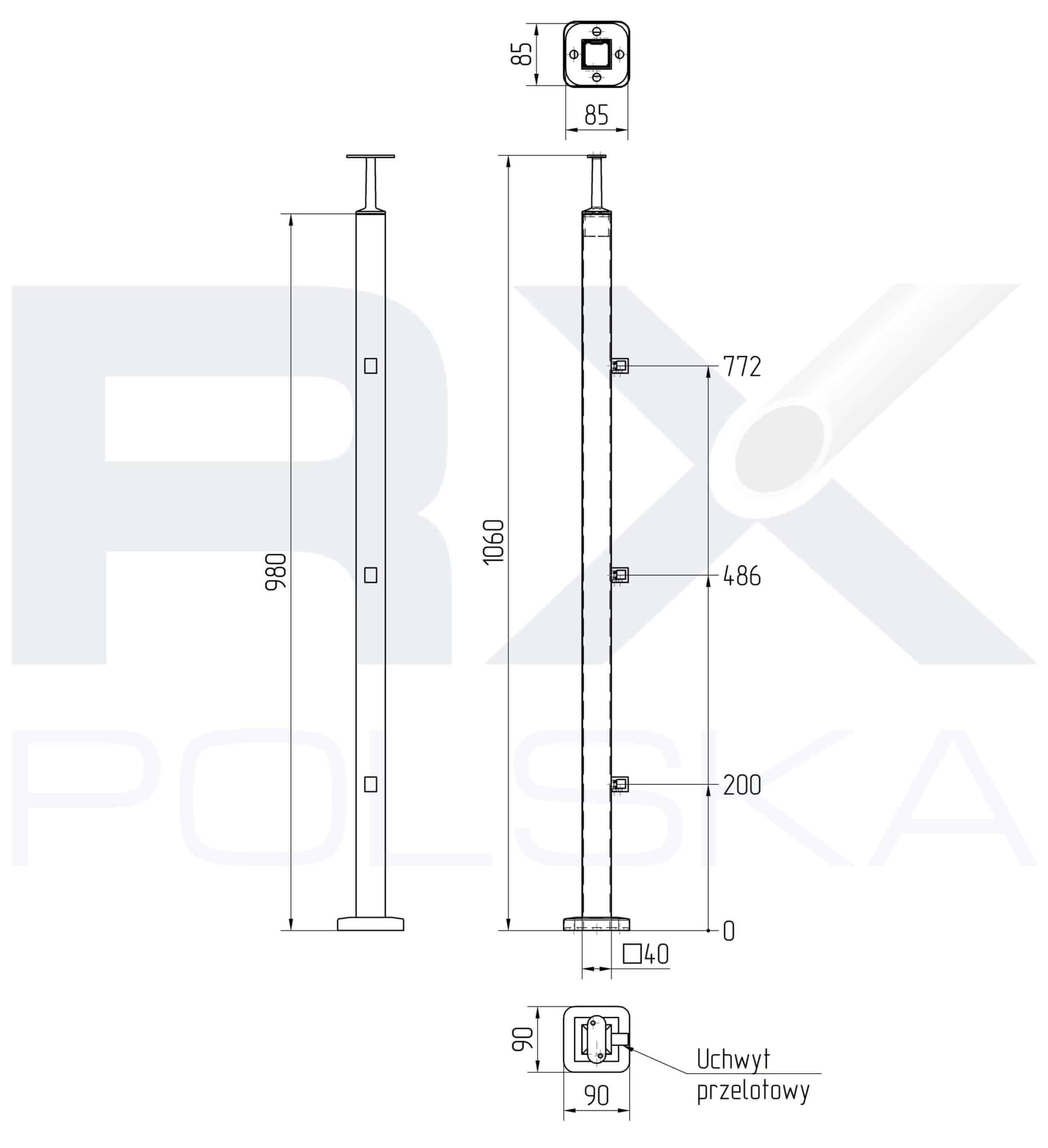Stolpe 40x40mm z 3 tverrstangholdere for profil 10mm, AISI 304, SATIN - Bilde 3
