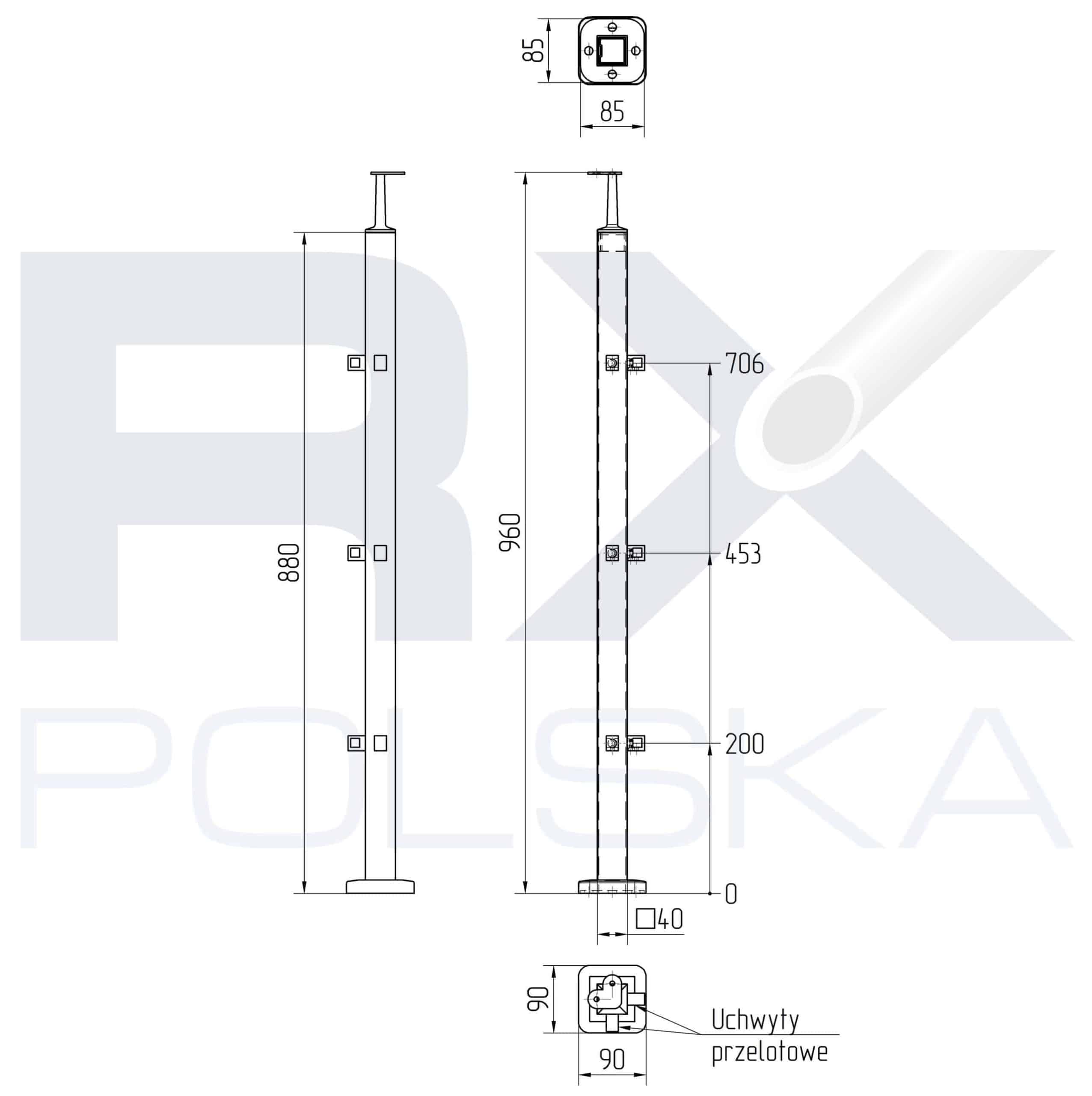 Stolpe 40x40mm z 3 tverrstangholdere hjørne for profil 10mm, AISI 304, SATIN - Bilde 2