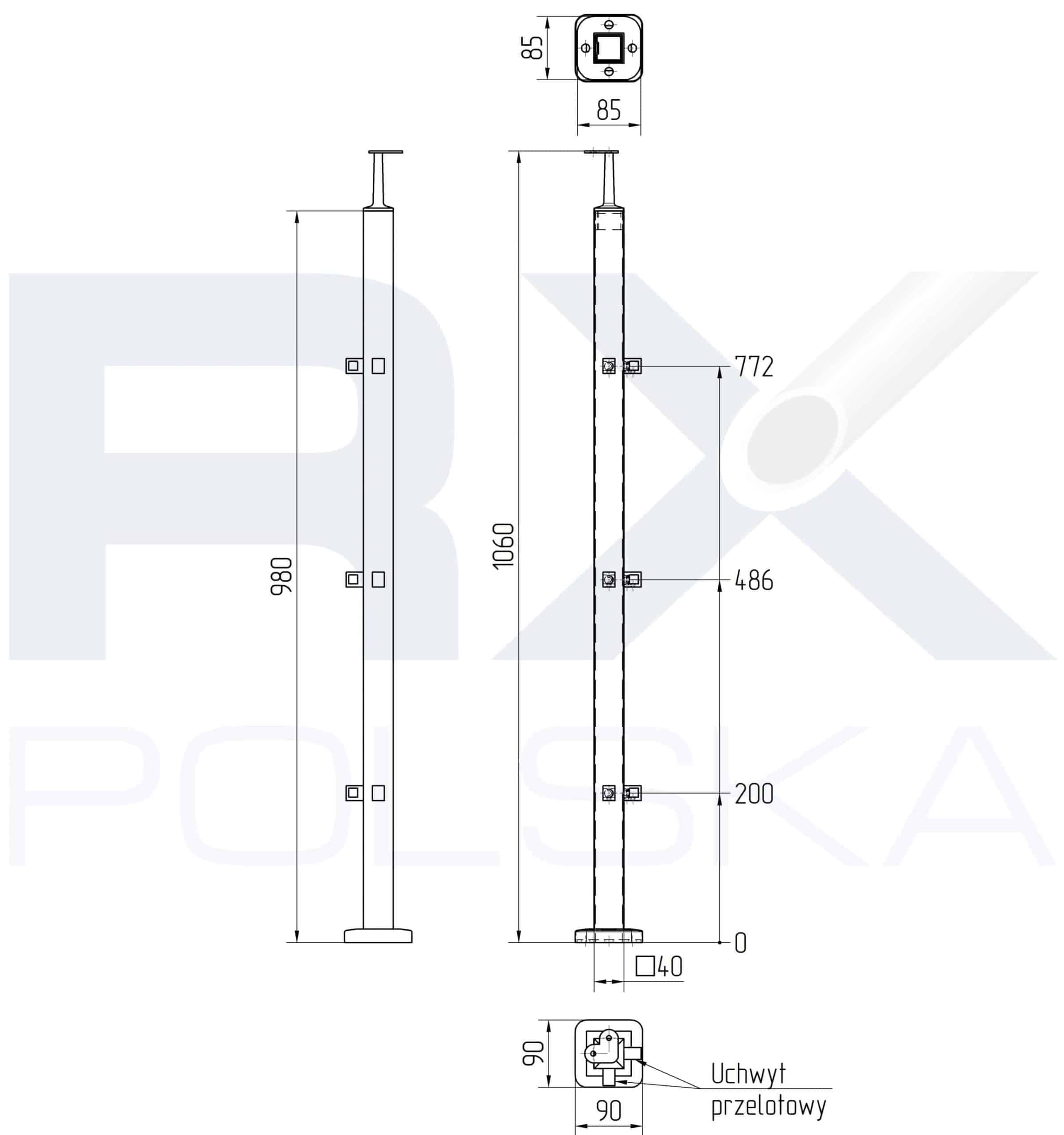 Stolpe 40x40mm z 3 tverrstangholdere hjørne for profil 10mm, AISI 304, SATIN - Bilde 3