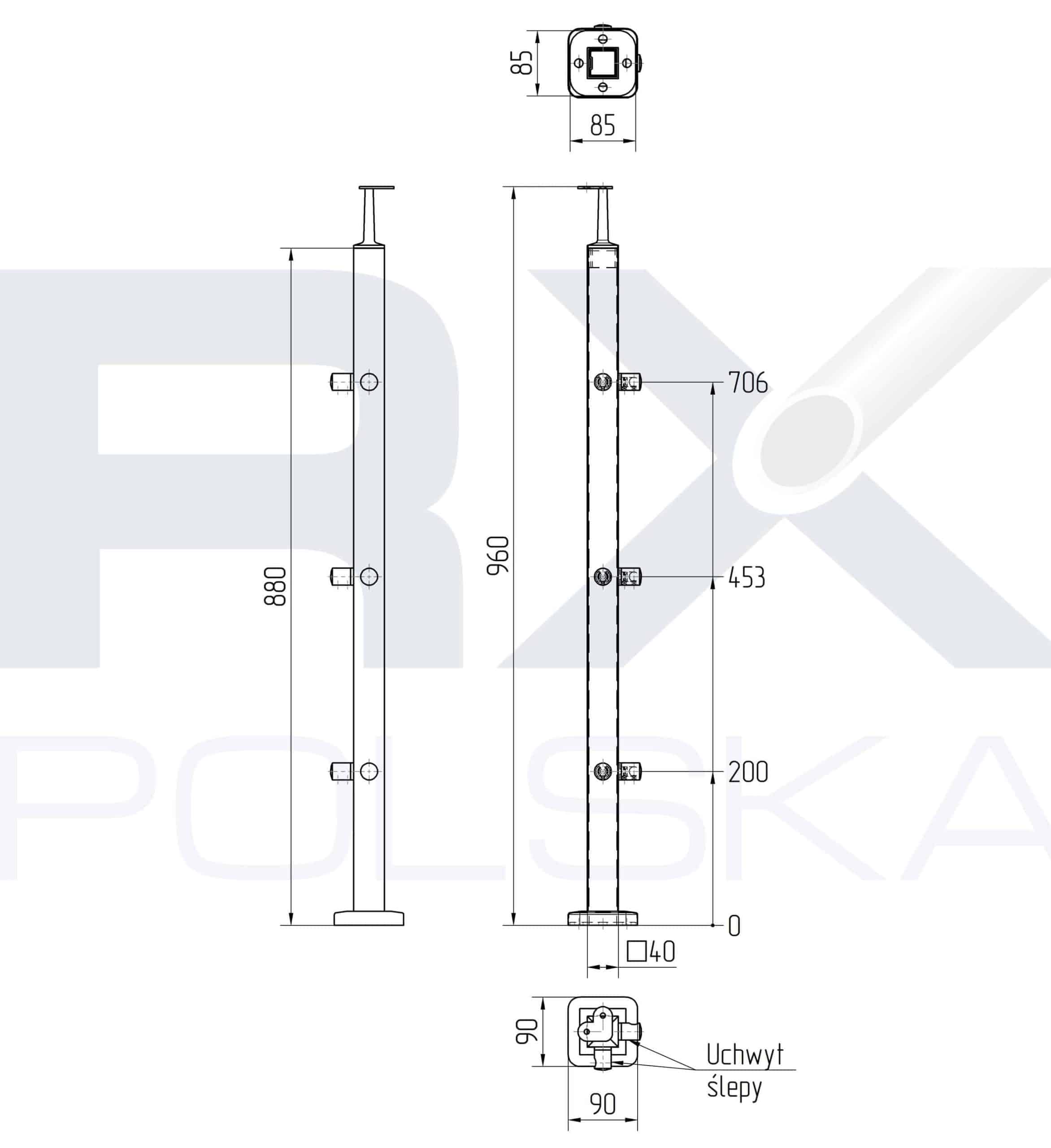 Stolpe 40x40mm z 3 tverrstangholdere hjørne for rør 16mm, AISI 304, SATIN - Bilde 2