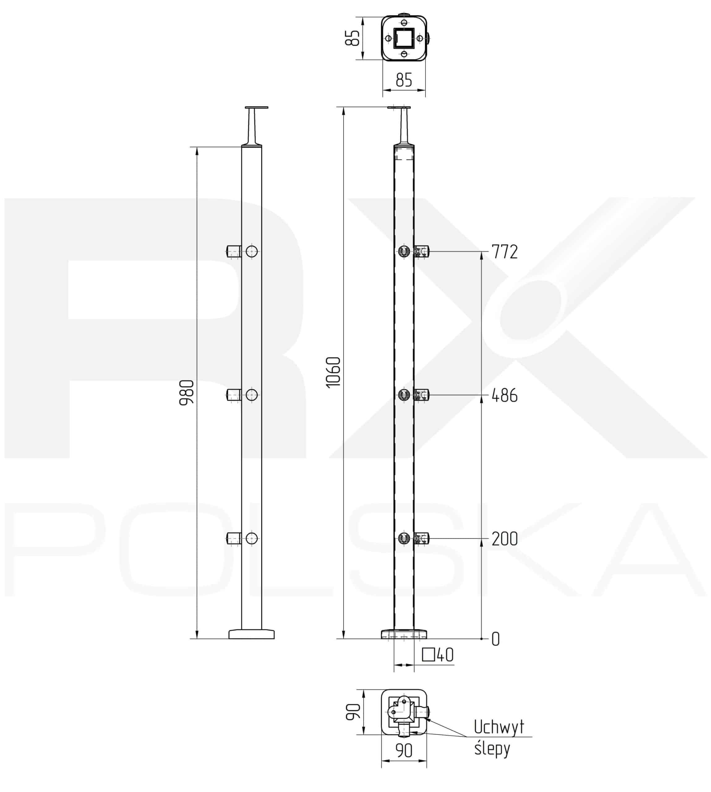 Stolpe 40x40mm z 3 tverrstangholdere hjørne for rør 16mm, AISI 304, SATIN - Bilde 3