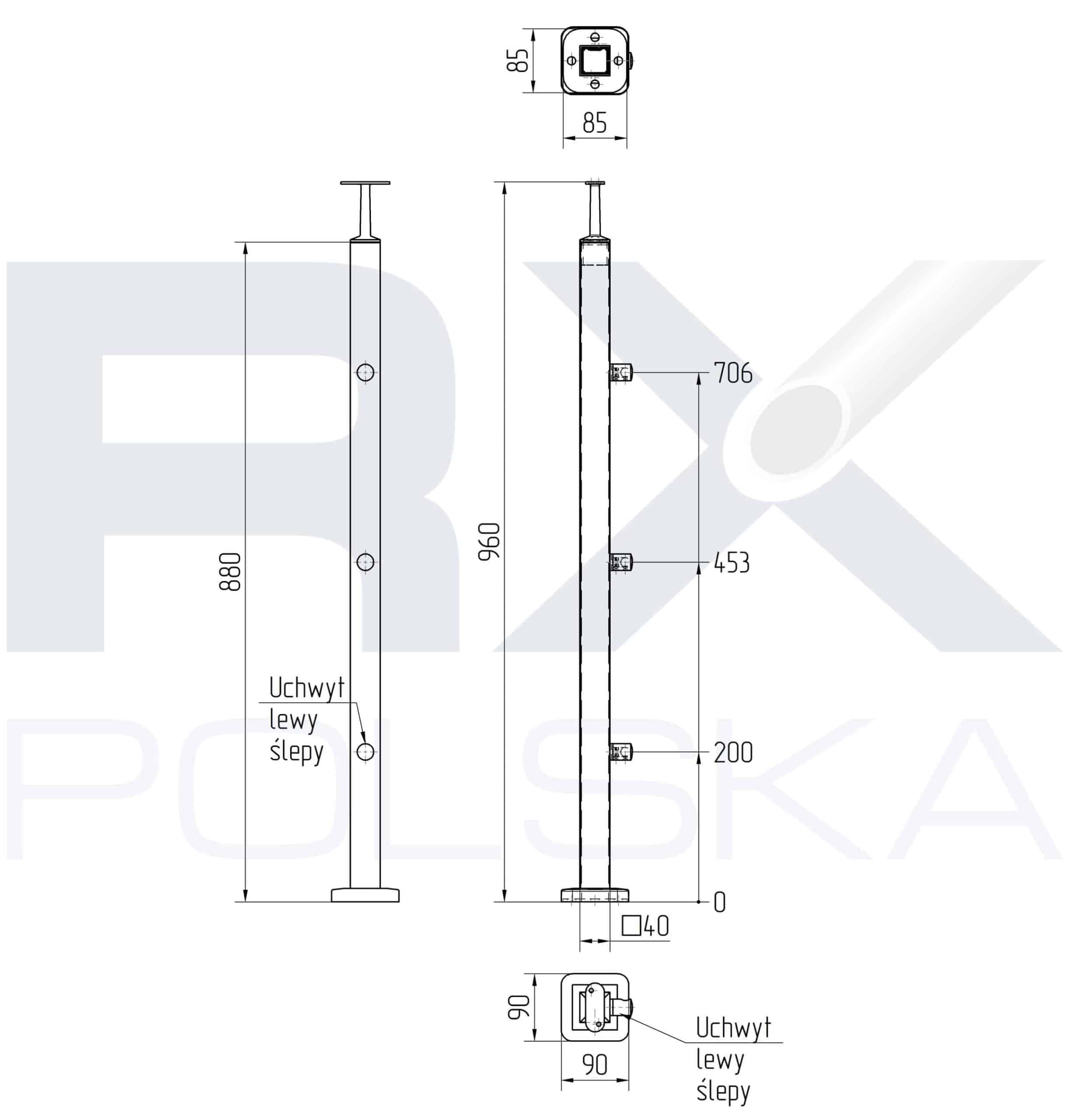 Stolpe VENSTRE 40x40mm z 3 tverrstangholdere for rør 16mm, AISI 304, SATIN - Bilde 2