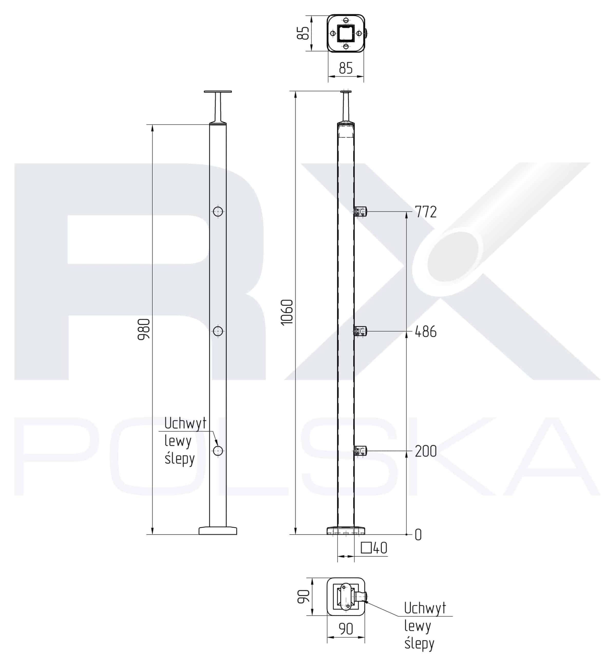 Stolpe VENSTRE 40x40mm z 3 tverrstangholdere for rør 16mm, AISI 304, SATIN - Bilde 3